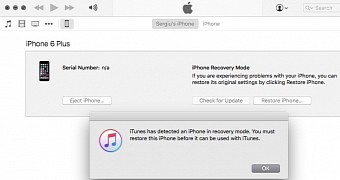 "iPhone in recovery mode" iTunes alert