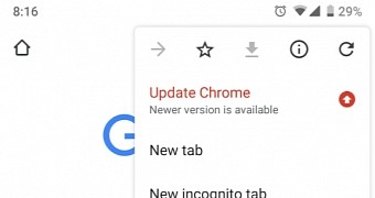 Google Chrome for Android with a new update notification