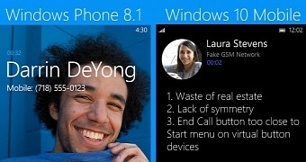 Windows Phone vs. Windows 10 Mobile in-call screen UI