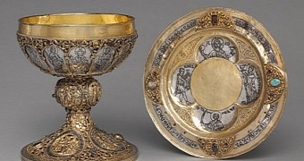 Medieval chalice, paten and straw