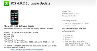 Apple shows availability of iOS 4.0.2 software update