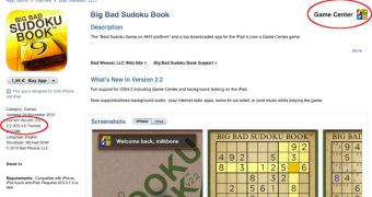 The Big Bad Sudoku Book page on the iTunes App Store - iOS 4, GameCenter compatibility highlighted