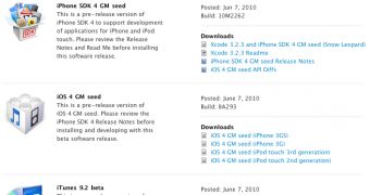 Developer-leaked screenshot showing the availability of new downloads from Apple's servers - iOS 4 GM seed, iPhone SDK 4 GM seed, iTunes 9.2 beta, and iAd JS