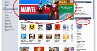 Screenshot of the iTunes App Store; iPad references and content highlighted
