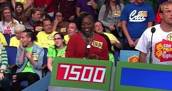 Far left: watch the guy's reaction as the contestant yells out her price