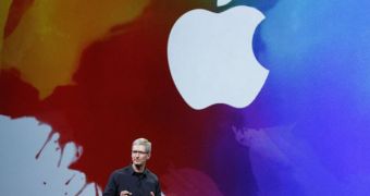 Apple CEO Tim Cook delivering a keynote address