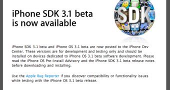 iPhone SDK 3.1 Beta announcement - screenshot taken on the iPhone Dev Center page