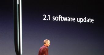 Steve Jobs confirming iPhone OS 2.1 at the Let's Rock event in San Francisco