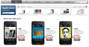 A screenshot of Apple's online store - iPod section (new prices highlighted)