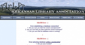 Arkansas Library Association website showing SQL connection errors