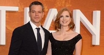 Matt Damon and Jessica Chastain at the premiere of "The Martian," from director Ridley Scott