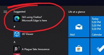 Microsoft Edge ad in the Windows 10 Start menu