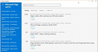 Edge bug reports in Windows 10