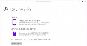 WDRT firmware version info for Lumia 950 XL