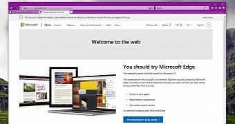 The Internet Explorer 11 start page recommends users to try out Edge