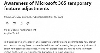 Microsoft announcement in Office 365 admin center