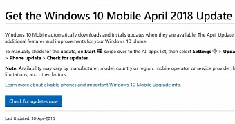 Windows 10 Mobile April 2018 Update reference on Microsoft's site
