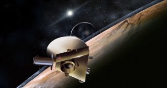Artist's rendering of New Horizons flying by Pluto