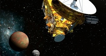 Artist's depiction of the New Horizons probe and the Pluto system