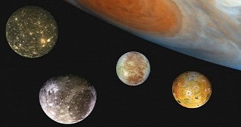 Jupiter and its Galilean moon, (from left to right) Callisto, Ganymede, Europa and Io