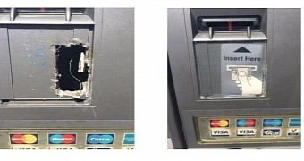 ATM fascia penetrated to install eavesdropper, hole covered with sticker