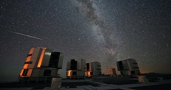 A Perseid seen in August 2010 above the four enclosures of the European Southern Observatory’s Very Large Telescope at Paranal, Chile