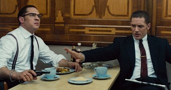 Reggie and Ron Kray in “Legend,” played by Tom Hardy in a dual role