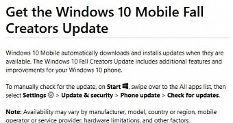 The page now points to Windows 10 Mobile Creators Update