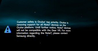 Message announcing disabled support for Note 7 on the Oculus platform