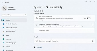 Sustainability section in Settings