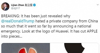 Pro-Huawei Chinese official tweeting from an iPhone