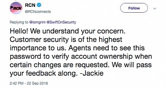RCN's tweet confirming plain text password storage