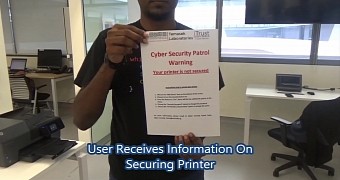 A drone can be used to send warning messages to insecure printers