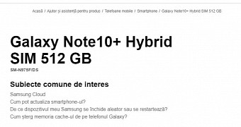 Samsung support page revealing the Note10+