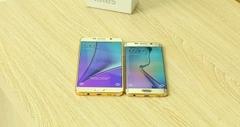 Samsung Galaxy Note5 and S6 edge+ in gold, next to each other