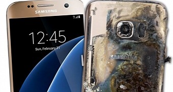 Samsung Galaxy S7 before meltdown, left, and its charred shell on the right