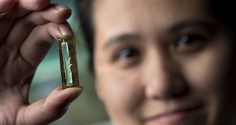 Mya Le Thai holding up one of her nanowire batteries