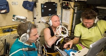 NASA astronaut Scott Kelly (center) together with Russian cosmonauts Mikhail Kornienko (left) and Gennady Padalka (right)
