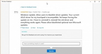 Suggestions in the Windows 10 Feedback app