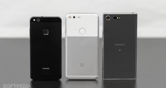 Huawei P10 Lite, Google Pixel XL, and Sony Xperia XZ Premium