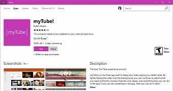 myTube! app listed as free in the Windows Store