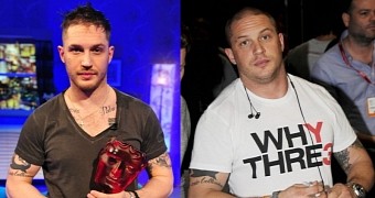 Tom Hardy, before and after he started bulking up to play Bane in “The Dark Knight Rises”