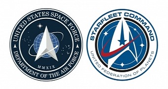 The US Space Force on the left and the Star Trek logo on the right