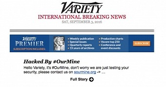 Defacement message on the Variety homepage