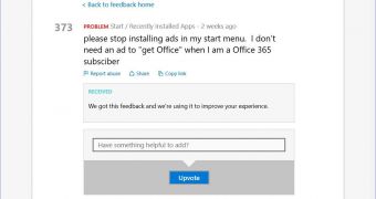 Suggesion posted in the Windows 10 Feedback app