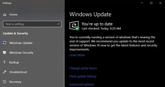 The end of support notification on Windows 10 April 2018 Update