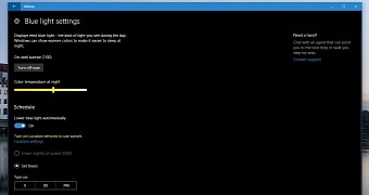 Blue light filter settings in Windows 10 build 15002