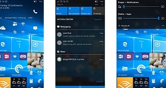 Windows 10 Mobile with blurred background in the action center