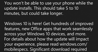New message displayed during Windows 10 Mobile build 10586.107 install