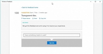 Feature request in Windows 10 Feedback app